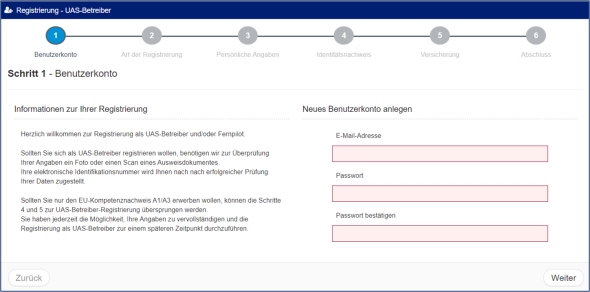 Betreiberregistrierung Bild der Startseite zur Registrierung als UAS Betreiber.