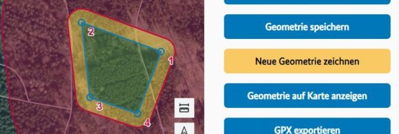 Volumenplanerausschnitt mit Kartendarstellung des Betriebsraums mit Ground Risk Buffer. Die eingezeichnete Geometrie befindet sich im Bearbeitungsmodus und wurde noch nicht gespeichert. Der Schalter "Geometrie speichern" ist im Menü "Geometrie" vorhanden