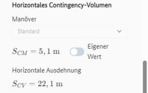 Berechnete Werte zum horizontalen Contingency-Volumen und zugehörige Eingabefelder zur Auswahl des Contingency-Manövers und Bestimmung eines eigenen Wertes für das Contingency-Manöver